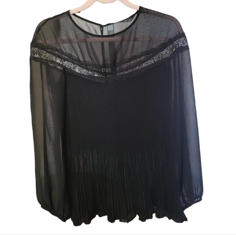 Zara Romantic Goth Sheer Lace Pleated Chiffon Blouse Black S Going Out Top